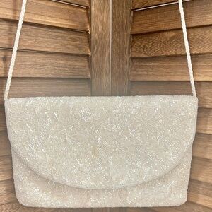 Vintage Carolyne Barton Night White Beaded Clutch with Long Strap